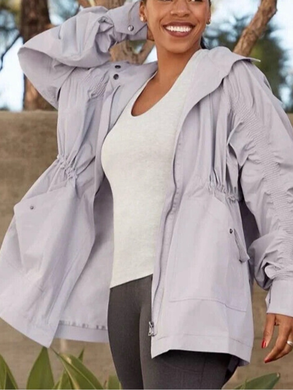 Fabletics Giana Light Gray Hooded Windbreaker Jacket